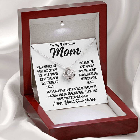 To Mom From Daughter "I Love You More Than Words..." Love Knot Necklace
