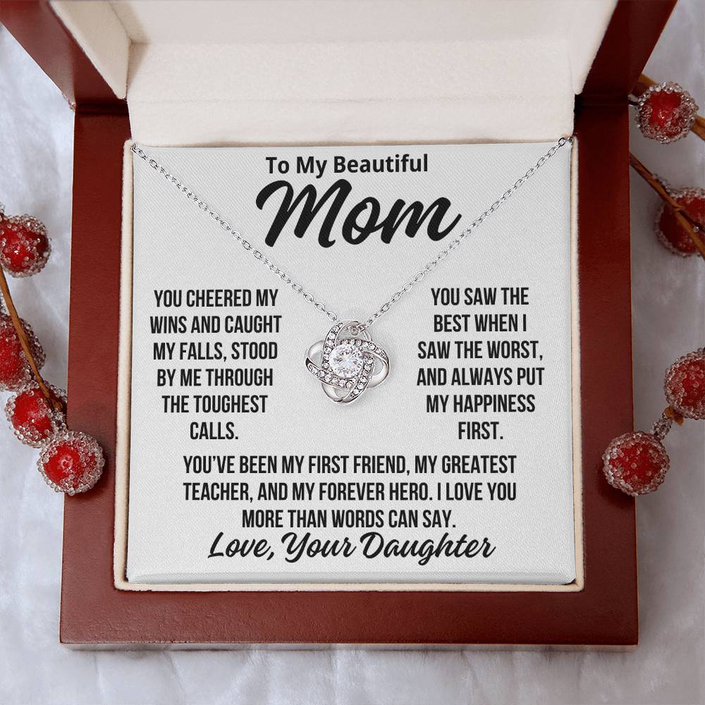 To Mom From Daughter "I Love You More Than Words..." Love Knot Necklace