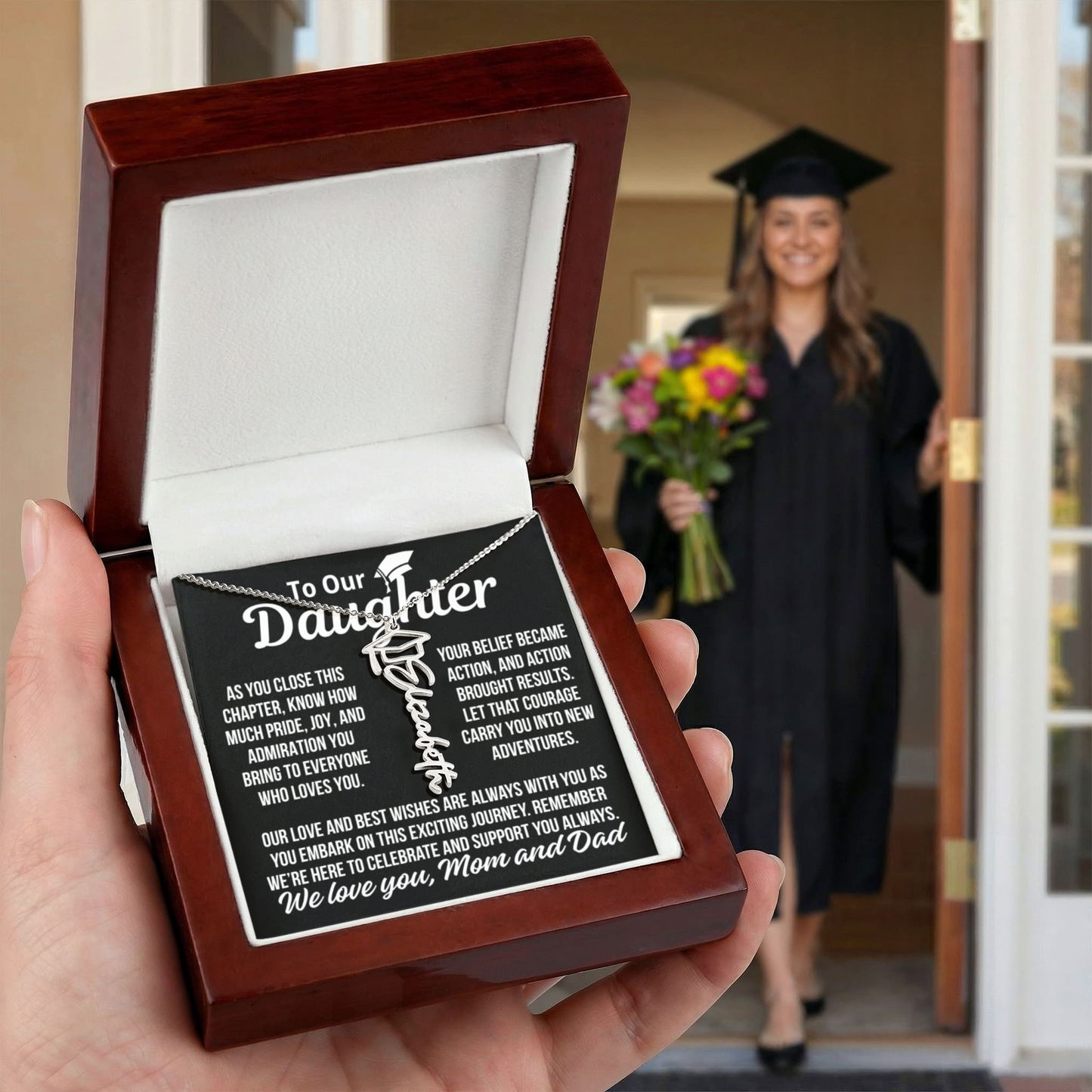 To Daughter From Mom and Dad "Pride and Joy" Custom Name Graduation Necklace