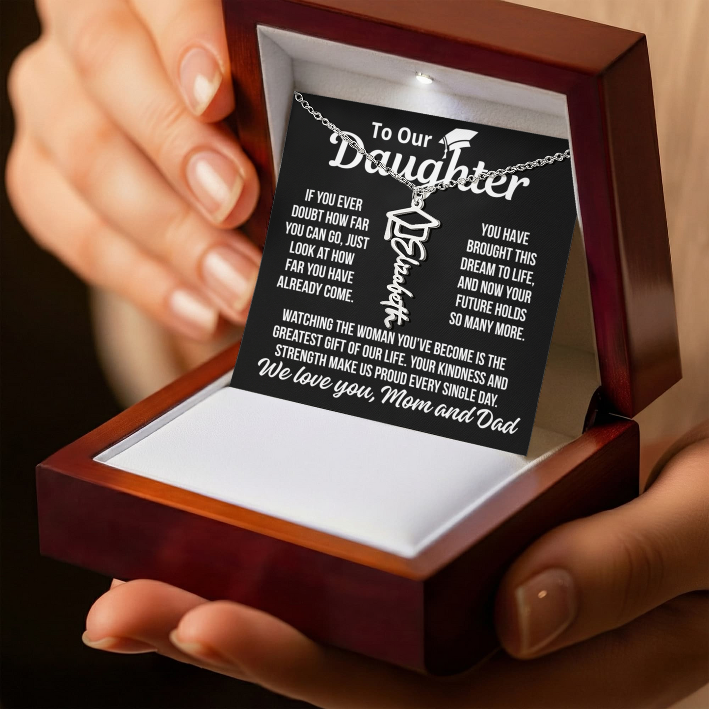To Daughter From Mom and Dad "Greatest Gift" Custom Name Graduation Necklace